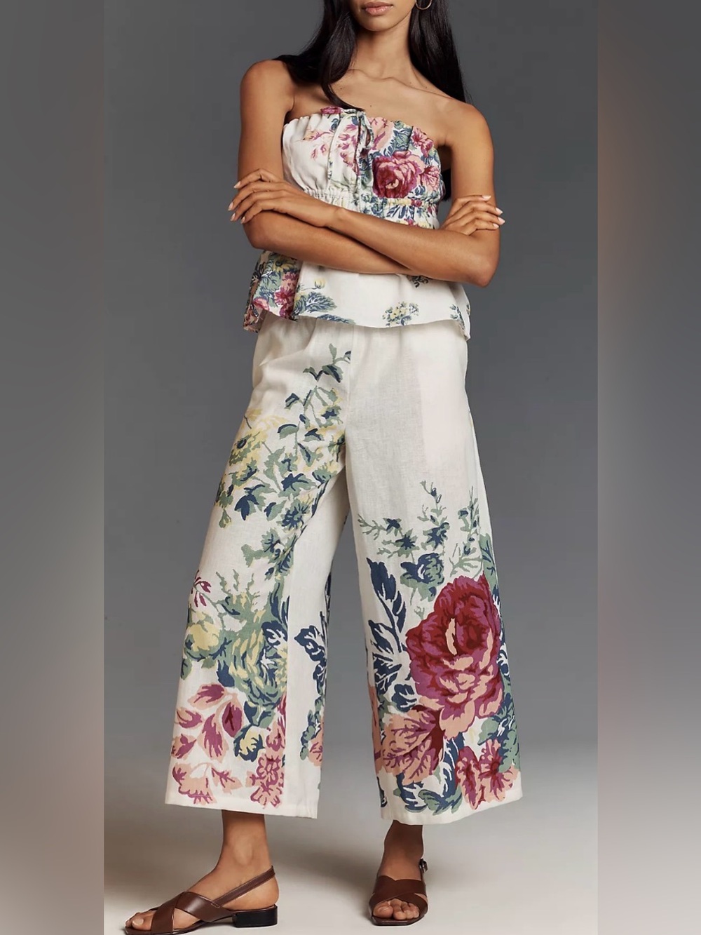 Anthropologie Cream Wide-Leg Floral Print Pants with Pink & Green Accents